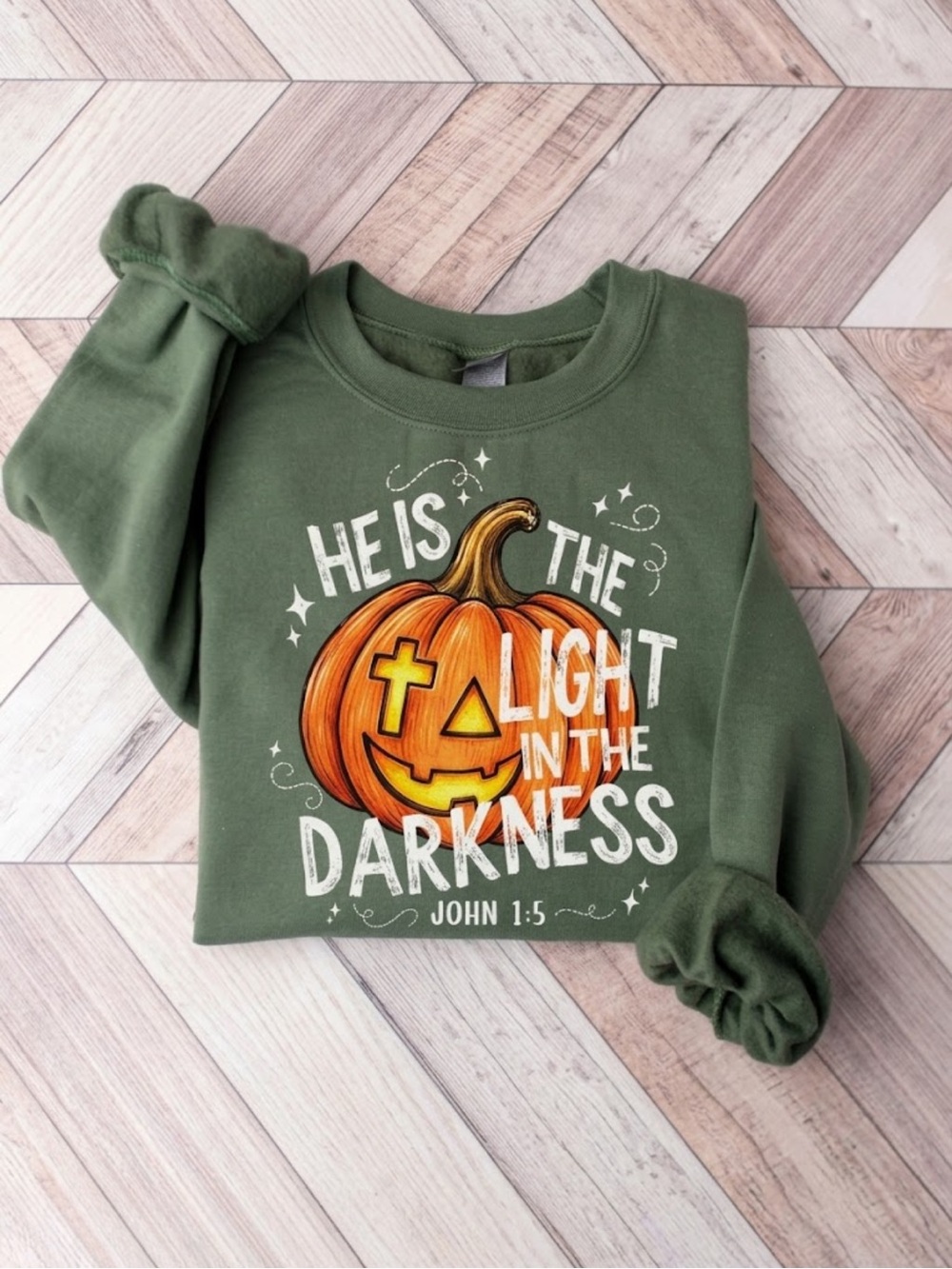 Gildan Olive Green 'He Is the Light in the Darkness' Pumpkin Sweatshirt